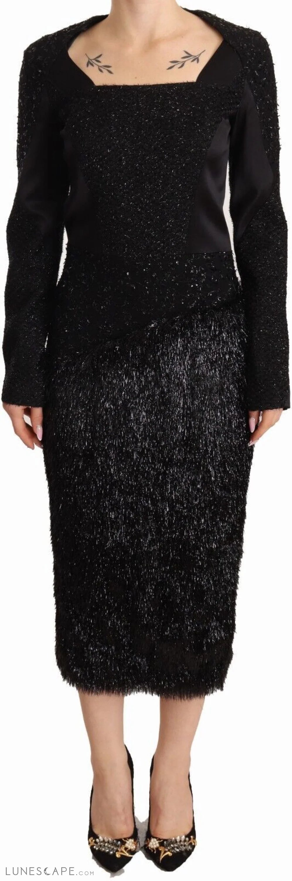 Weekend Promo Offers Masha Ma Elegant Black Embellished Sheath Midi Dress