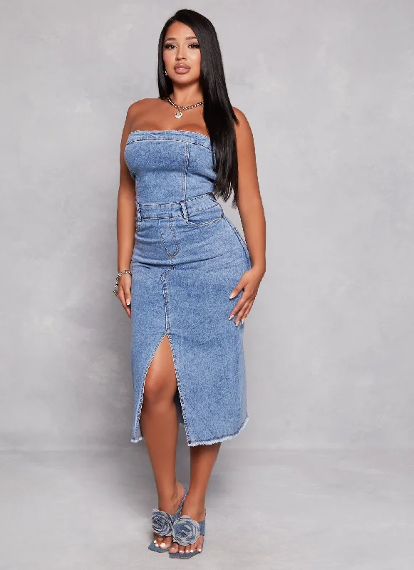 Final Clearance Denim Front Slit Midi Tube Dress