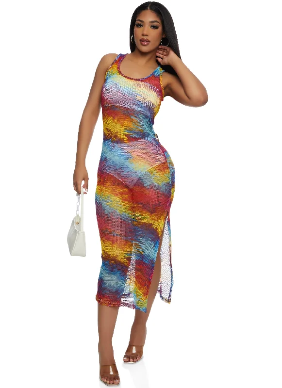 Weekend Only Deals Fishnet Printed Side Slit Midi Tank Dress