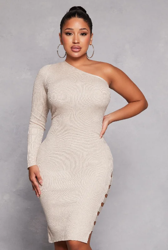 Hurry, While Stocks Last Ribbed One Shoulder Caged Side Detail Midi Dress