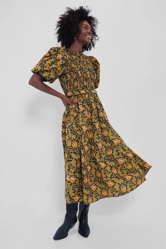 Hurry, Don’t Miss Out Olive Leafy Floral Smocked Smythe Midi Dress