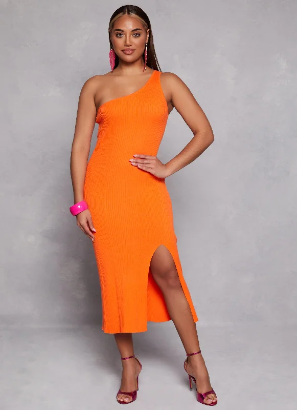 Don’t Miss These Deals Rib Knit One Shoulder Midi Dress