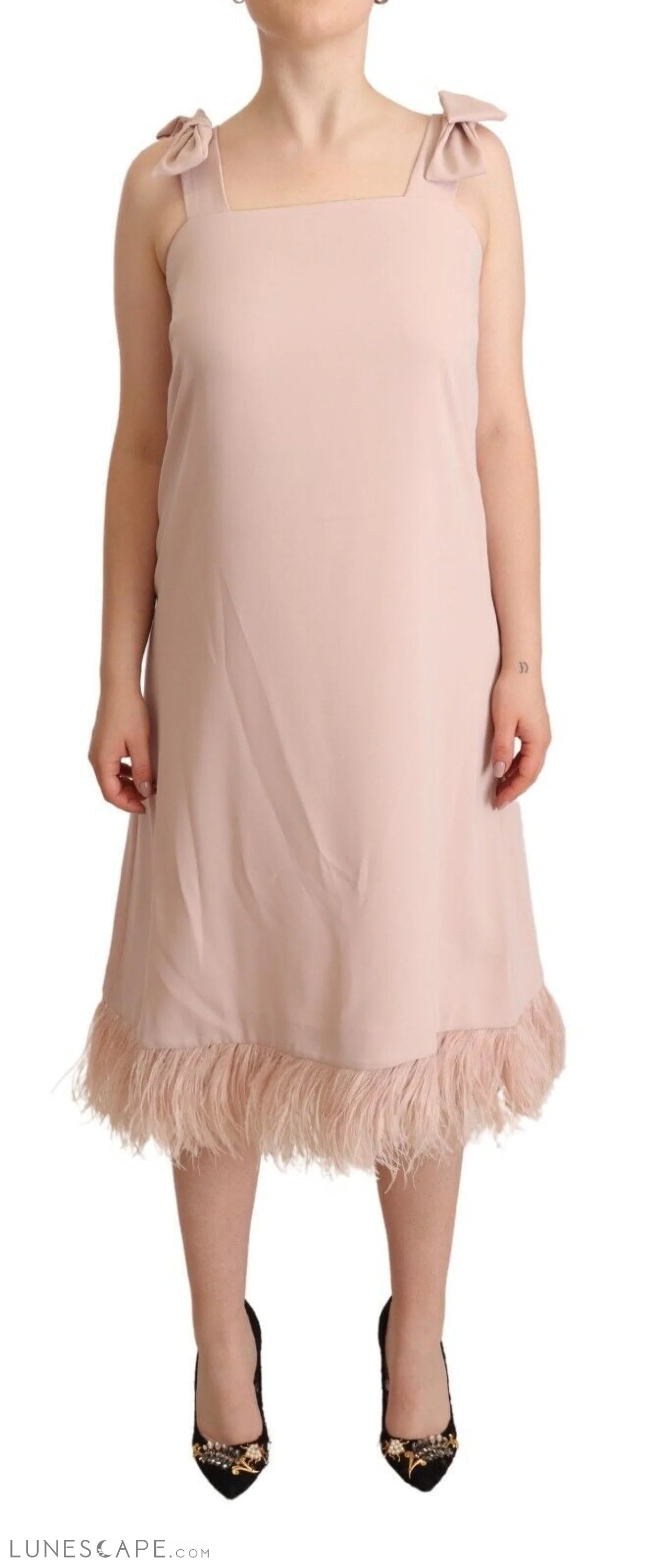 Weekend Steals Await P.A.R.O.S.H. Chic Sleeveless Midi Dress with Feather Trim