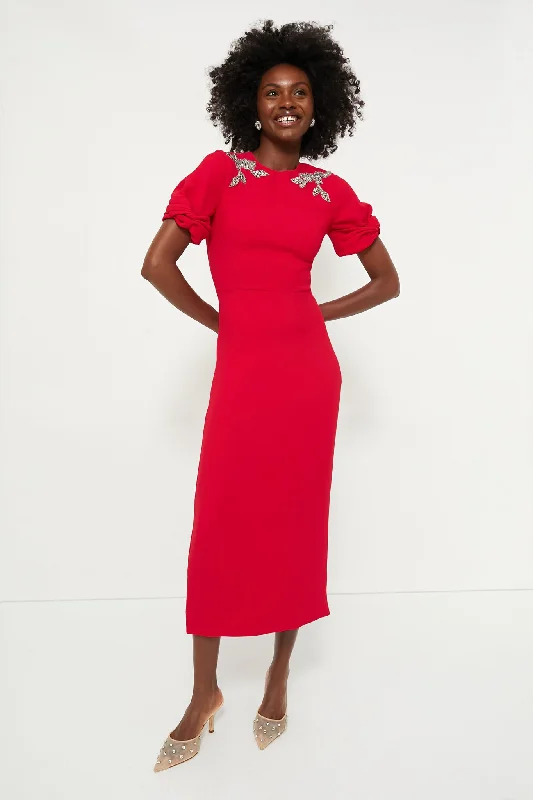 Last Chance Sale Pomegranate Embellished Short Sleeve Midi Dress