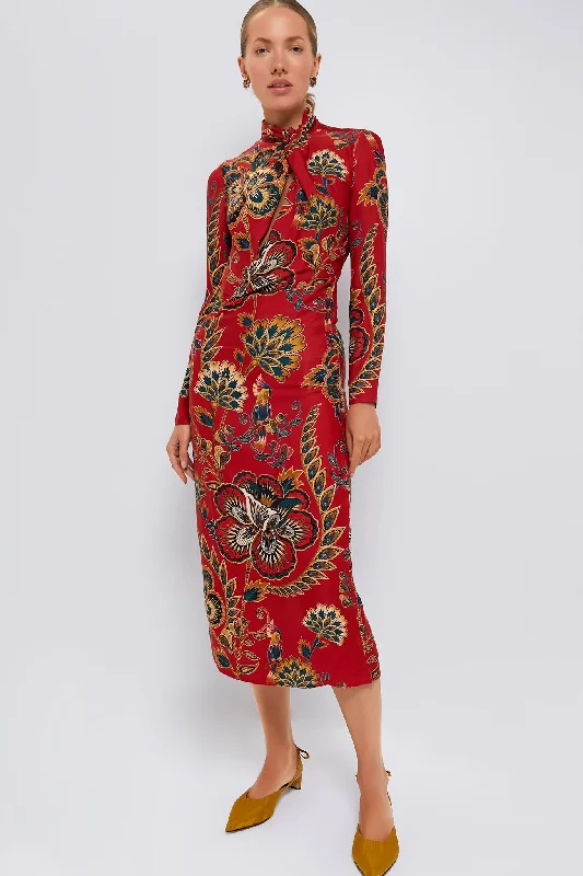 Limited-Time Discount Red Floral Cutout Long Sleeve Midi Dress