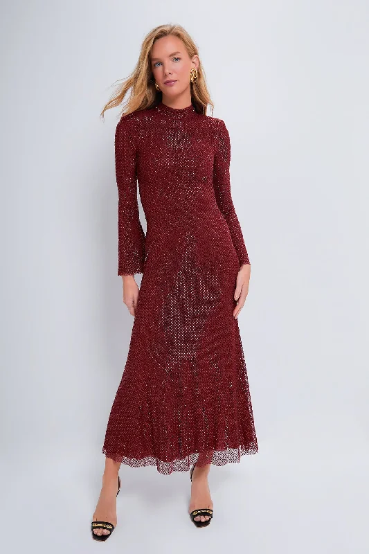 Price Slash Red Rhinestone Fishnet Midi Dress