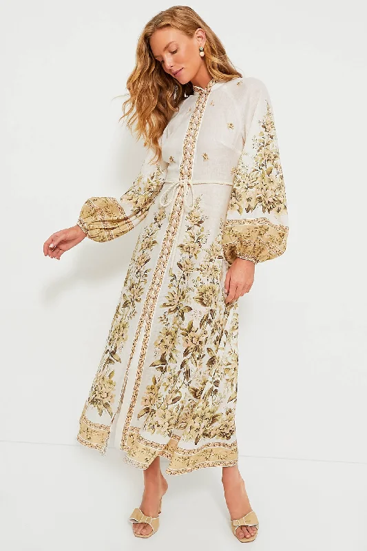 Shop More, Save More Sage Toile Floral Golden Buttoned Midi Dress
