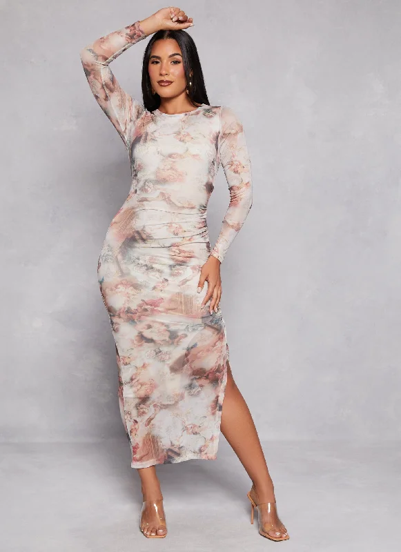 Limited Time Only Almost Famous Mesh Printed Long Sleeve Midi Dress