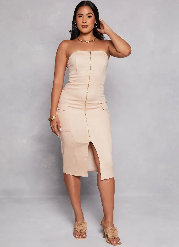 Super Price Drop Haute Monde Strapless Zip Front Cargo Pocket Midi Dress
