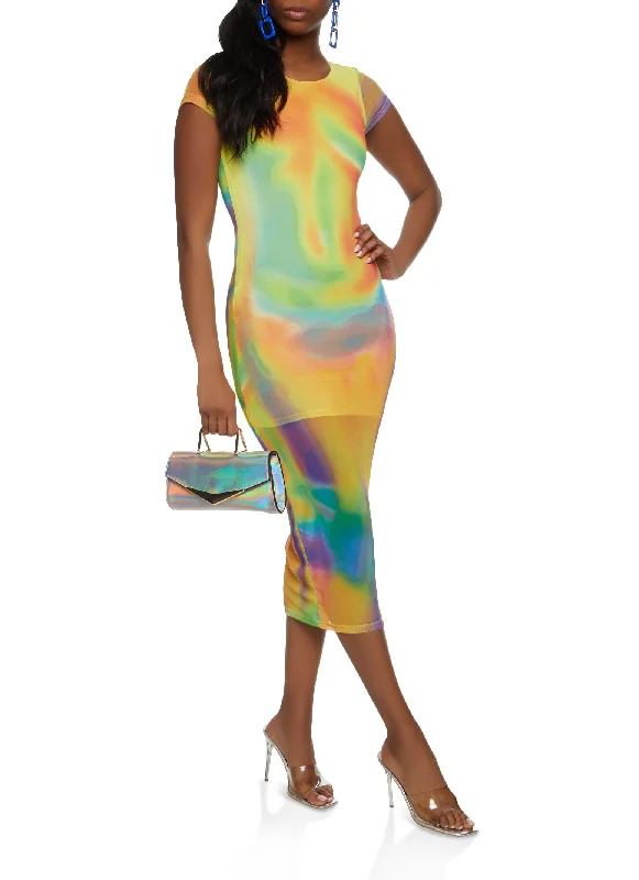 Flash Offer Mesh Printed Short Sleeve Midi Dress