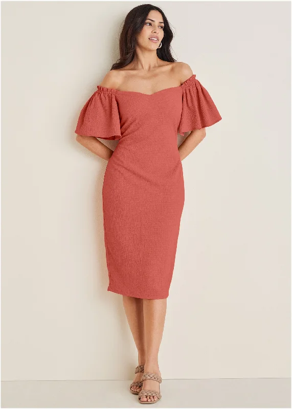 Weekend Mega Sale Event Fluted Satin Midi Dress - Burnt Orange