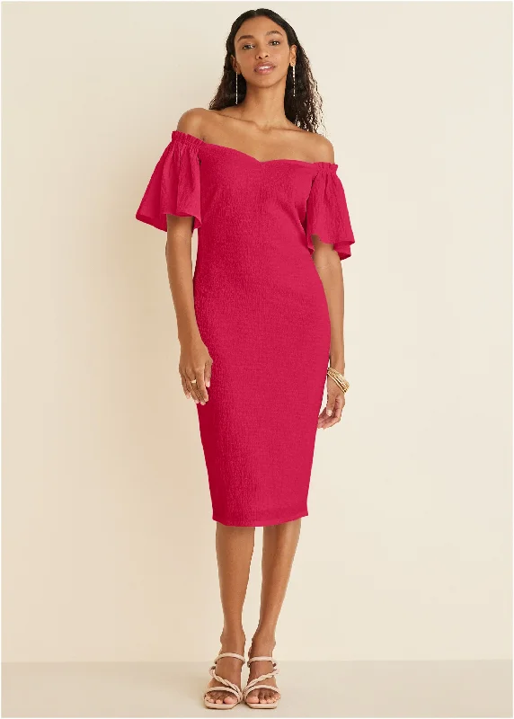 Weekend Special Sale Fluted Satin Midi Dress - Red