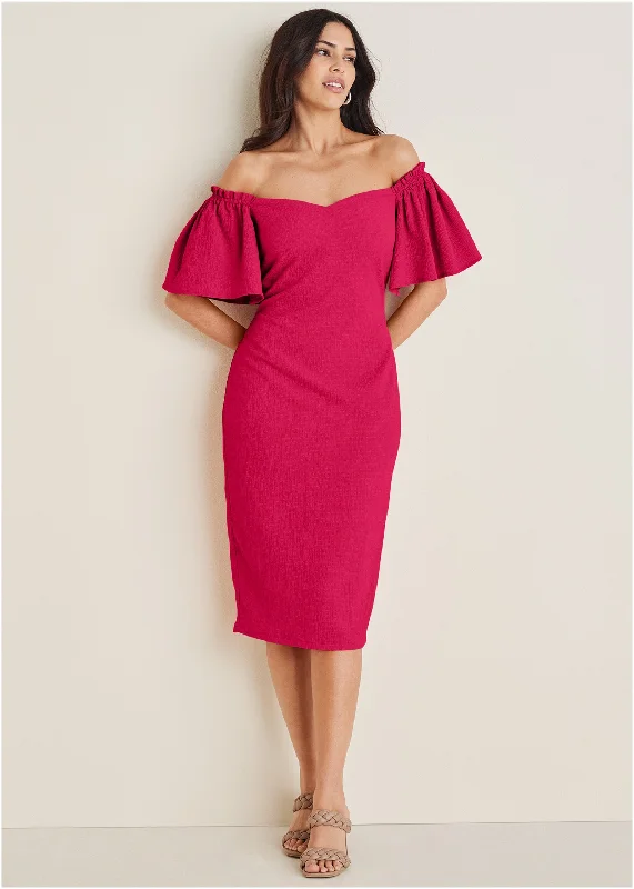 Weekend Shopping Spree Fluted Satin Midi Dress - Dark Pink