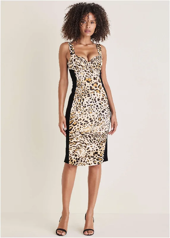 Weekend Steals and Deals Color Blocked Midi Dress - Vintage Leopard