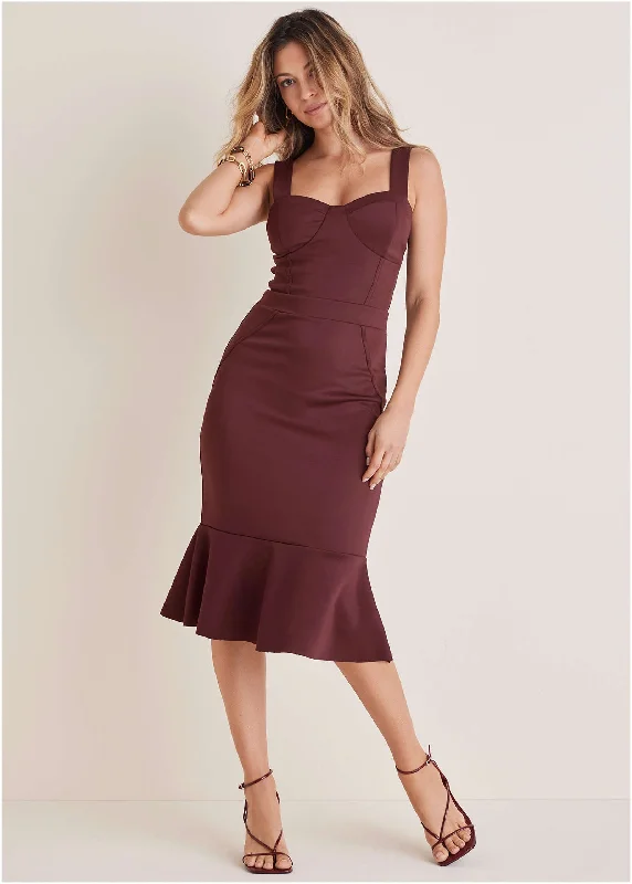 Weekend Discount Rush Ruffle Trim Midi Dress - Wine