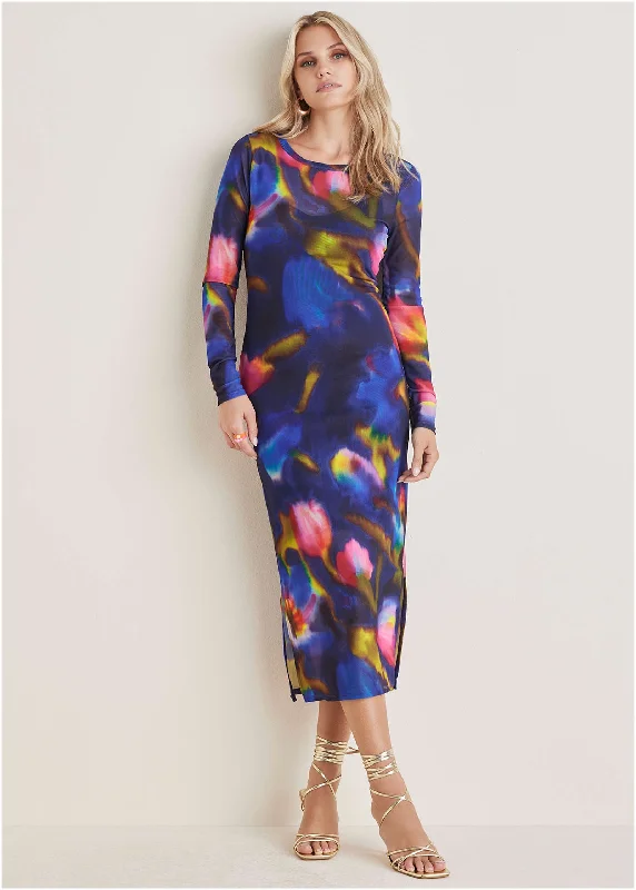 Weekend Exclusive Discounts Mesh Midi Dress  - Watercolor Bouquet
