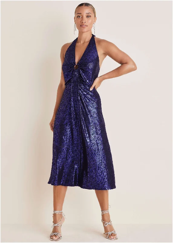 Weekend Exclusive Discounts Metallic Halter Midi Dress - Deep Blue