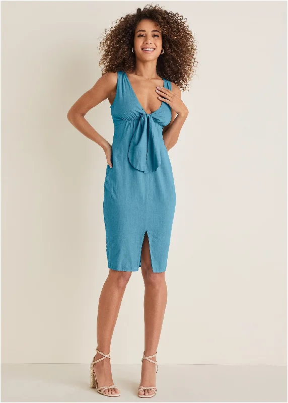 Weekend Super Sale Alert Tie Front Midi Dress - Blue
