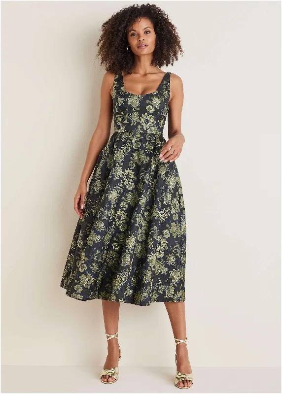 Weekend Markdown Madness Floral Jacquard Midi Dress - Navy Combo