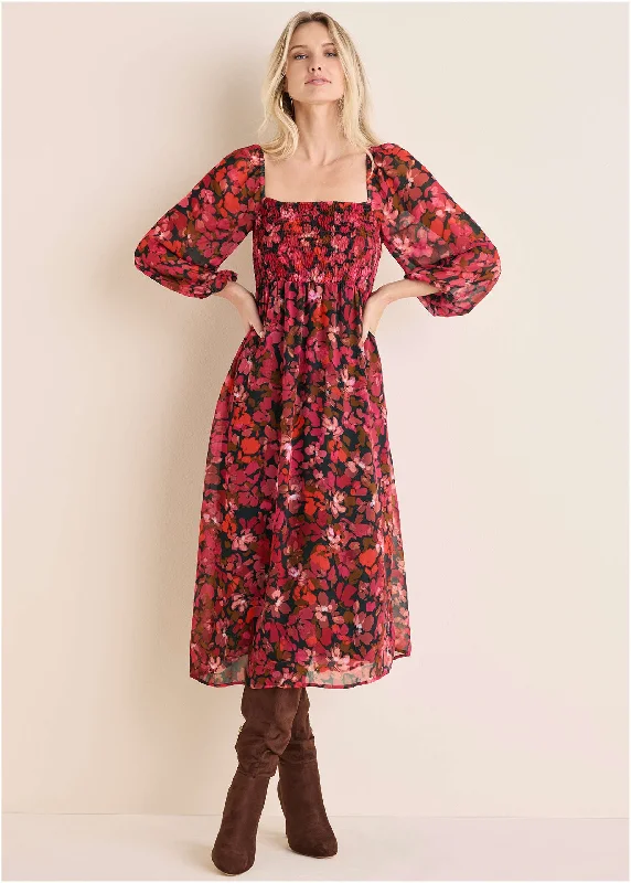 Weekend Special Discounts Smocked Midi Dress - Autumn Petals