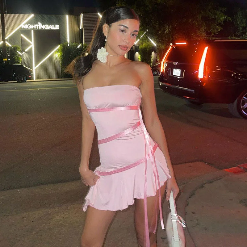 Weekend Deal Rush Adorable Solid Color Ribbon trim Ruffle Hem Strapless Mini Dress - Pink