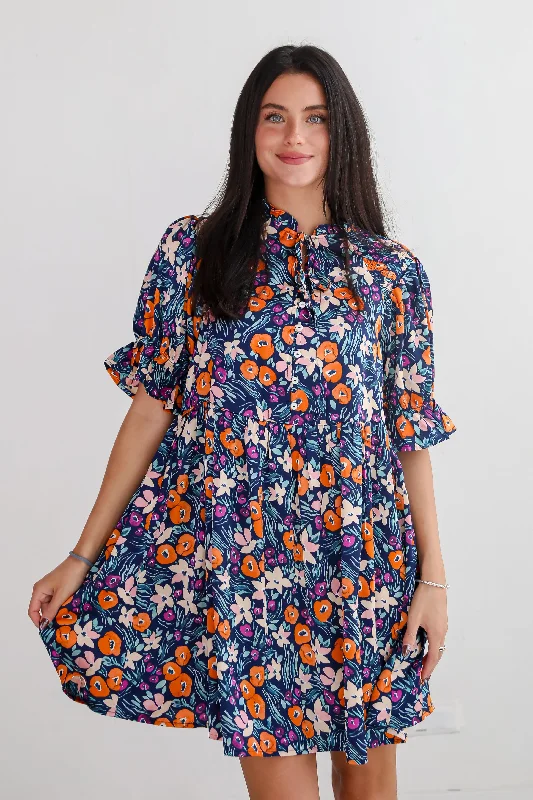 Mega Sale Adored Mood Navy Floral Babydoll Mini Dress