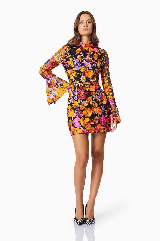 Final Sale Event Alessandra Floral Longsleeve Mini Dress In Orange