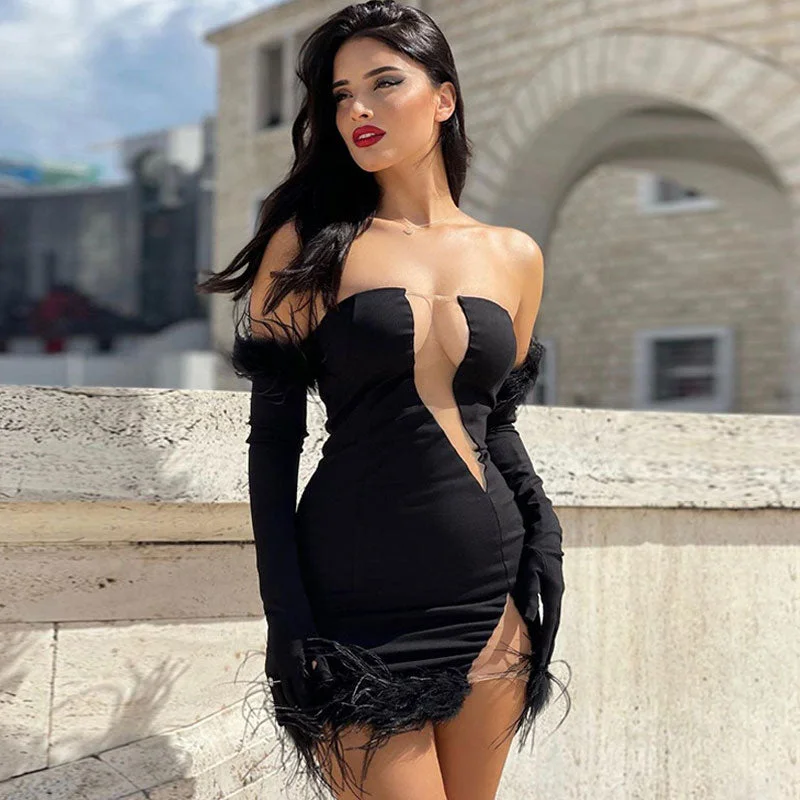 Weekend Bargain Deals Alluring Sheer Mesh Trim Glove Bandeau Party Mini Dress - Black