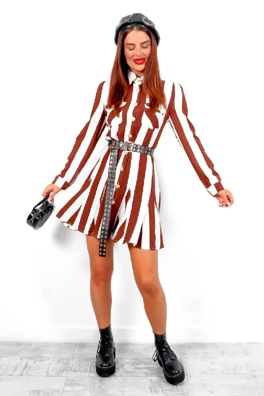 Seasonal Discounts Always Chic - Brown Cream Striped Mini Shirt Dress