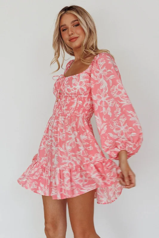 Best Deal of the Day Amilie Shirred Long Sleeve Dress Floral Pink