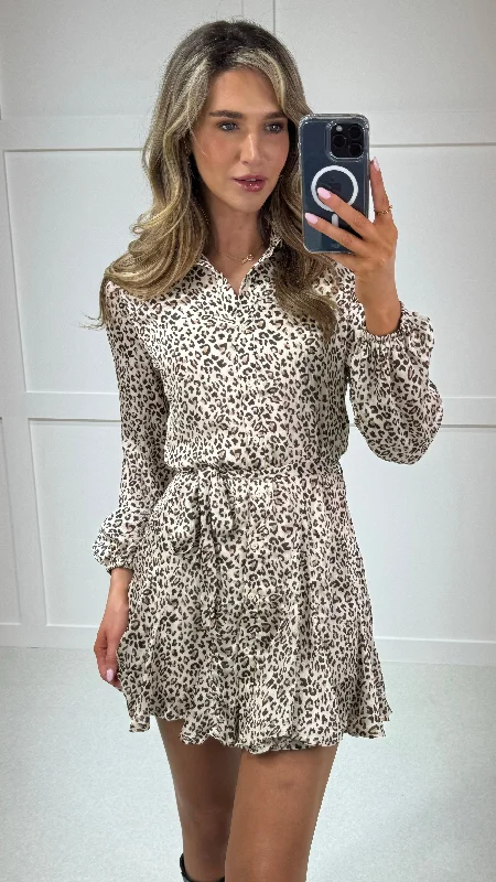 The Big Clearance Annie Black & Beige Leopard Printed Shirt Mini Dress