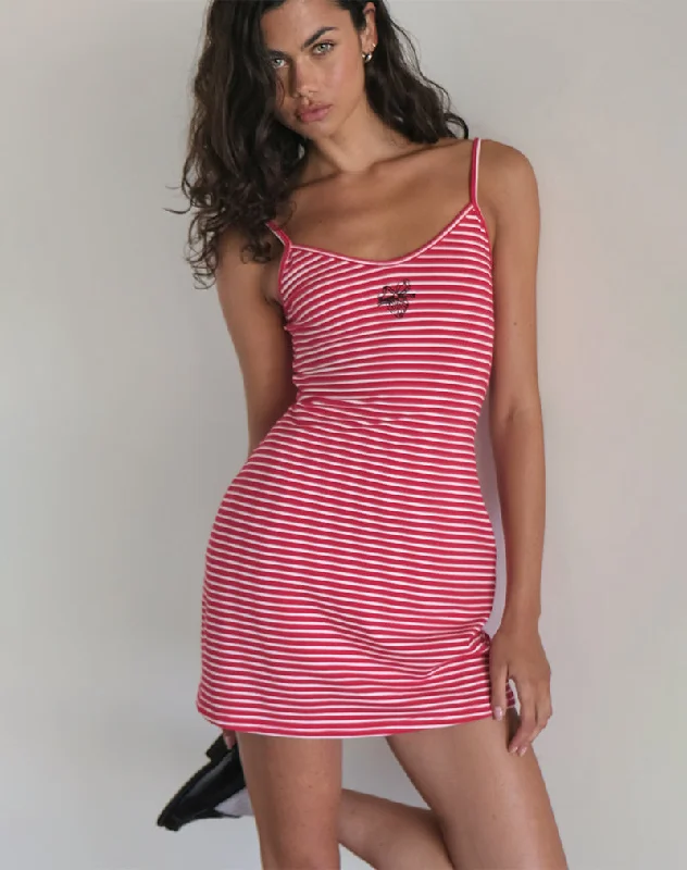 Hurry, While Stocks Last Anzhelina Strappy Mini Dress in Red and White Stripe with Strawberry Emb