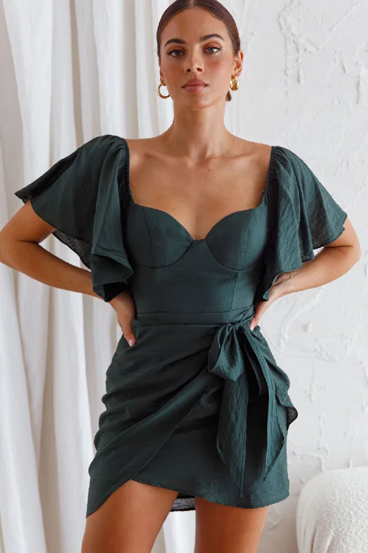 Super Price Slash Aphrodite Molded Bust Angel Sleeve Wrap Dress Forest Green