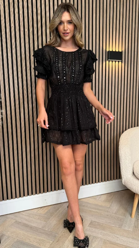 Weekend Exclusive Offers You’ll Love Ariel Black Puff Sleeve Diamante Detail Tiered Mini Dress