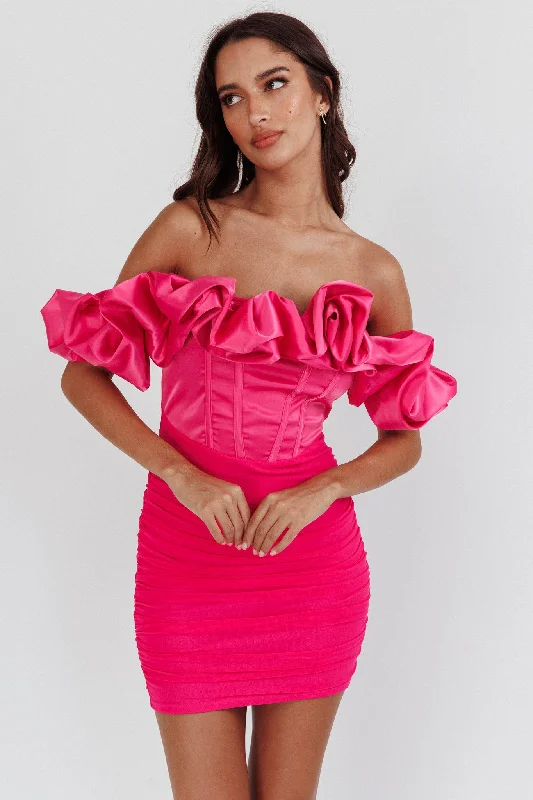 Unbeatable Offer Arista Off-Shoulder Ruched Mini Dress Hot Pink