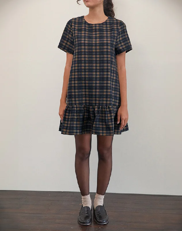 Deal Frenzy Asterin Mini Smock Dress in Navy Mustard Check