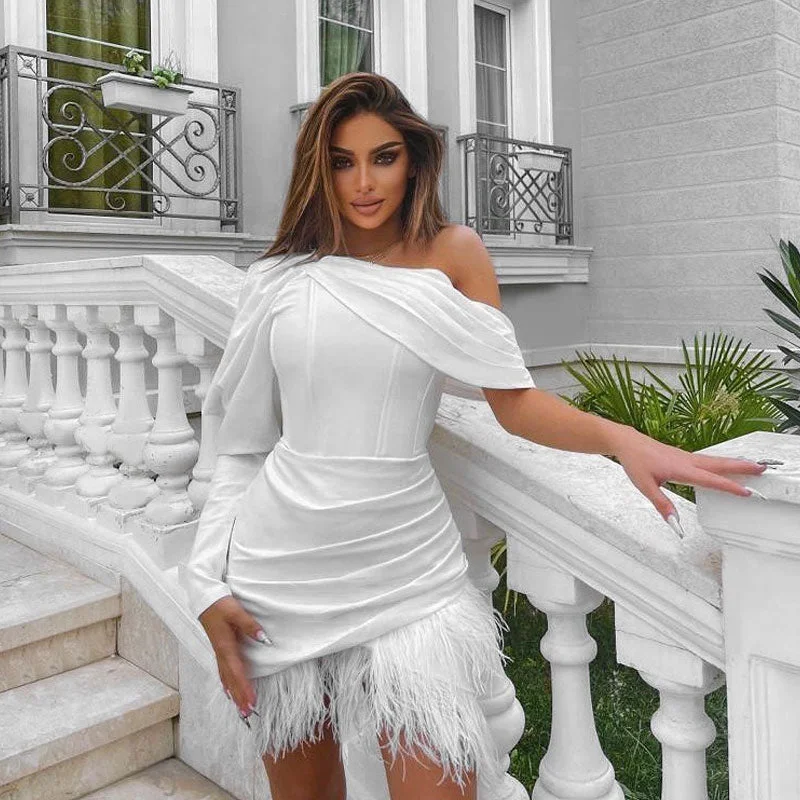 Weekend Clearance Event Puff Sleeve One Shoulder Corset Mini Dress - White