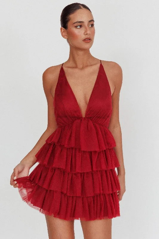 Weekend Bargain Deals Auguste Tiered Frill Mini Dress Burgundy