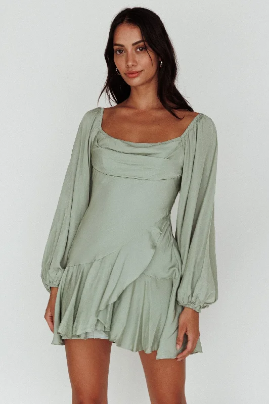 Weekend Special Shopping Event Beaujolais Long Sleeve Cowl Neckline Ruffle Mini Dress Sage