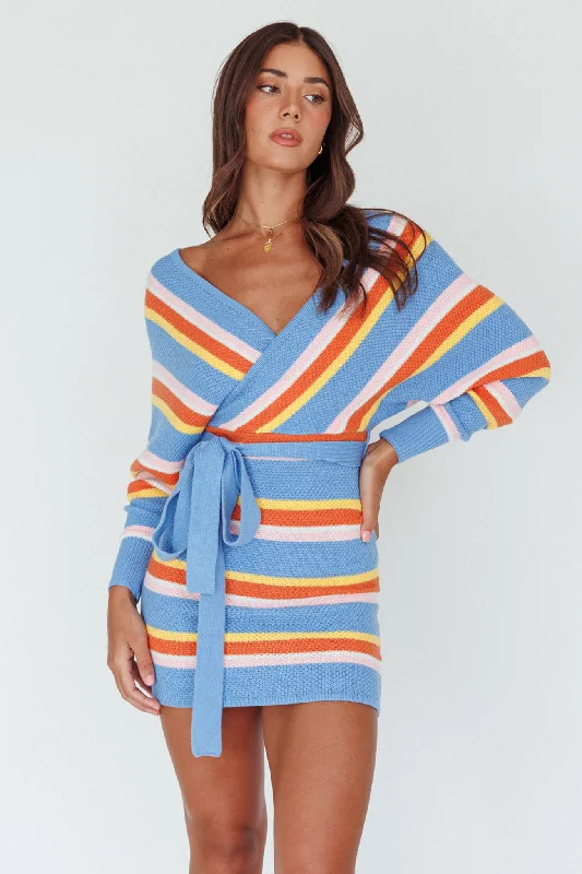Weekend Markdown Madness Cameo Batwing Knit Dress Striped Blue