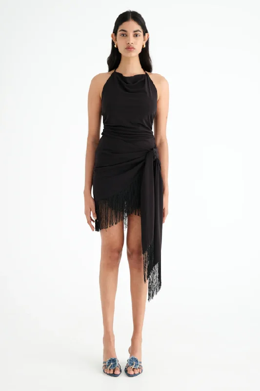 Super Price Drop Carolina Fringe Halter Dress Black