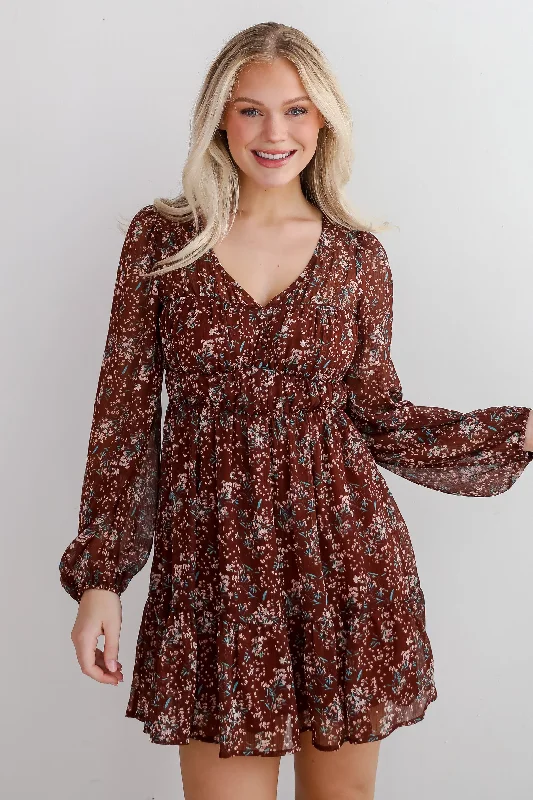 Weekend Shopping Deals Charming Invitation Brown Floral Mini Dress