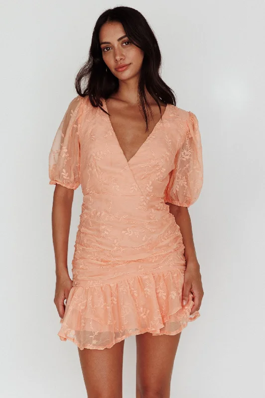 Time-Sensitive Offer Cherry Blossom Puff Sleeve Wide Ruffle Hem Dress Orange