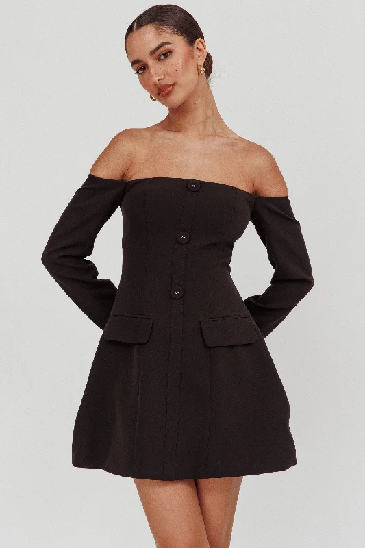 Final Clearance Cherry Wine Off Shoulder Mini Dress Black
