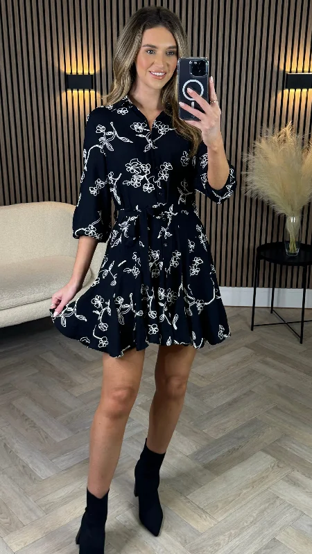 Weekend Shop Now Cleo Black & White Floral Print Shirt Mini Dress
