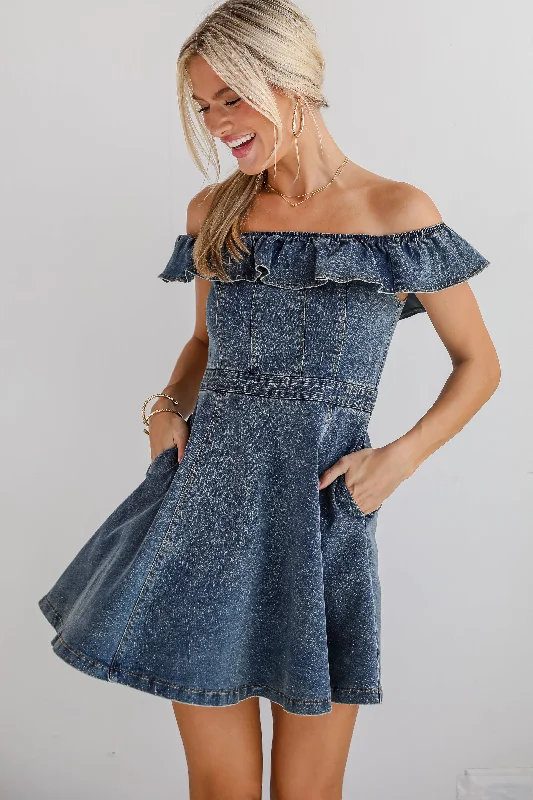 Weekend Only Deals Confidently Coveted Denim Off-The-Shoulder Mini Dress
