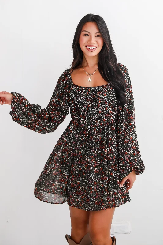 Weekend Only Savings Delight In Elegance Black Floral Mini Dress