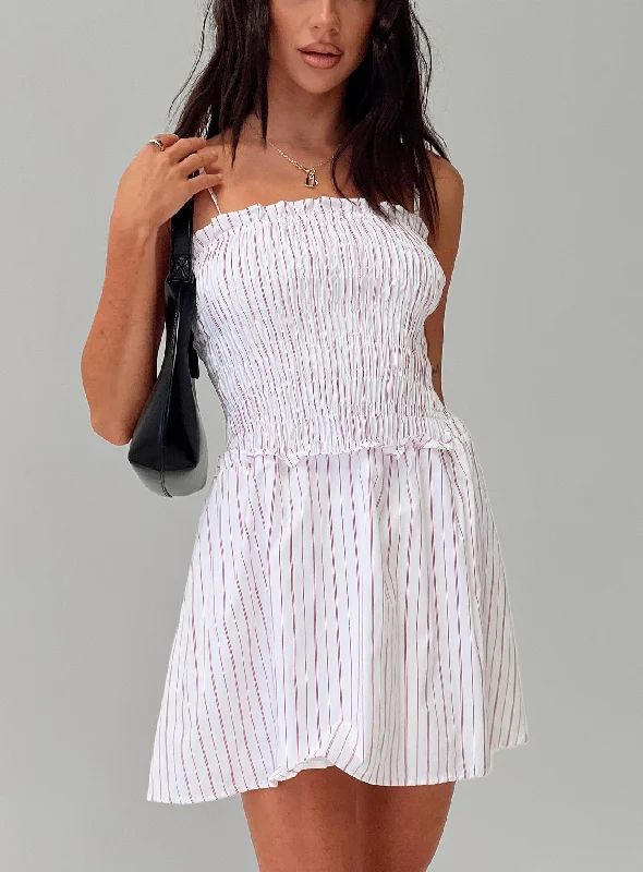 Weekend Deal Rush Fabray Shirred Stripe Mini Dress Red / White