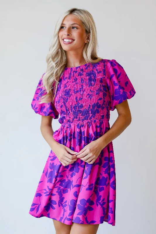 Unbeatable Flash Deals FINAL SALE - Fancy Sweetness Magenta Floral Puff Sleeve Mini Dress
