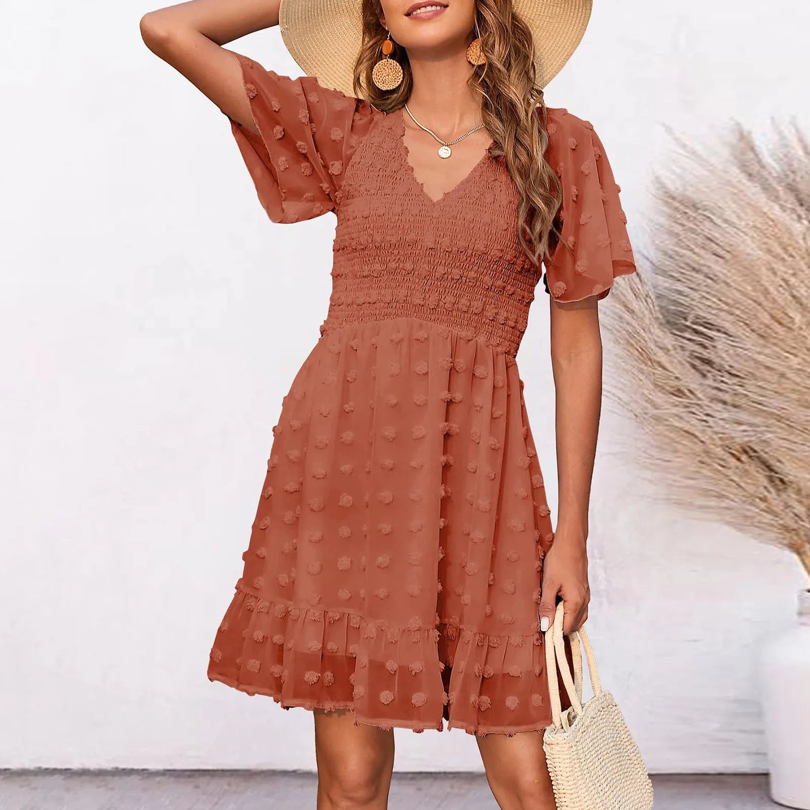 Price Slash Chiffon Smocked Fur Ball Point Short Sleeve Holiday Beach A-line 2024 Summer Female Sun Mini Dress